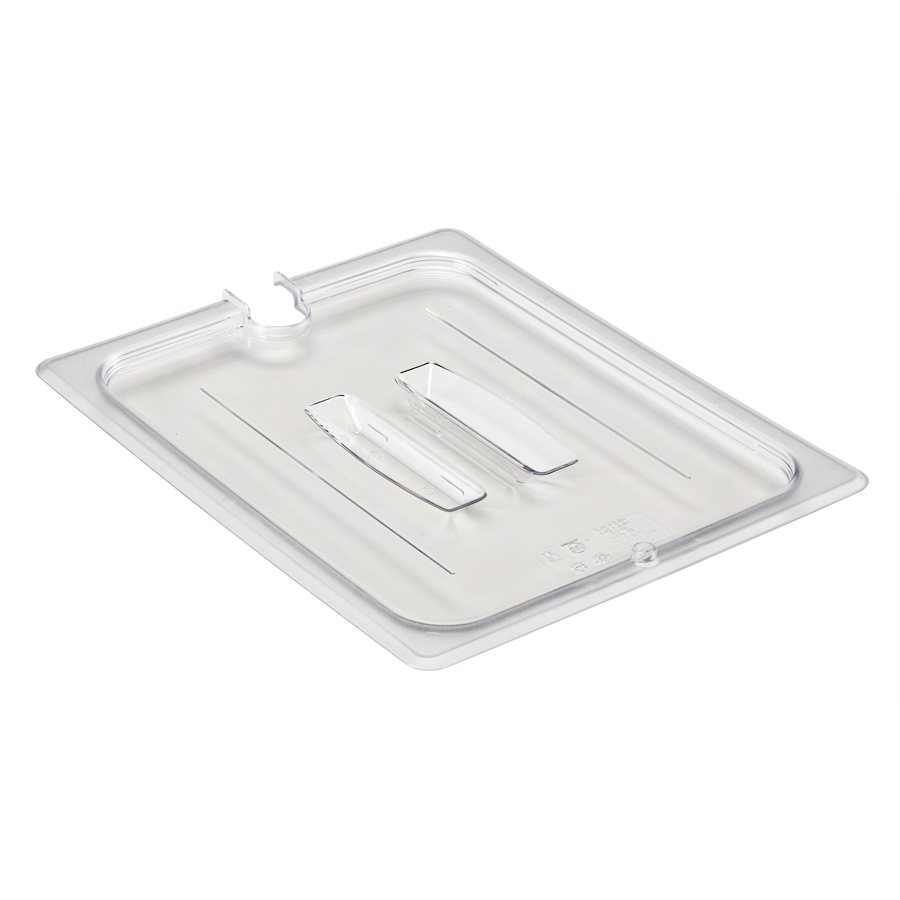 Cambro Camwear 20CWCHN135 Clear, Polycarbonate, Handled Lid With Spoon Notch (1/2 Size)