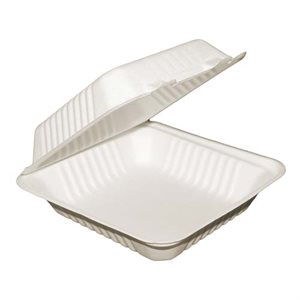 Compostable Clamshell Container, 8" x 8" x 3" , 200/Box