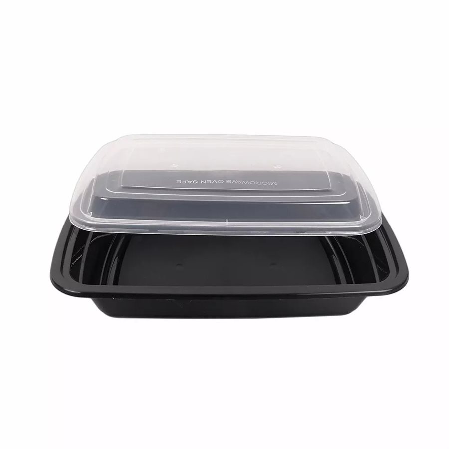 Microwaveable PP Black Rectangular Container 28 oz. , With Clear Lid, (50/PK)