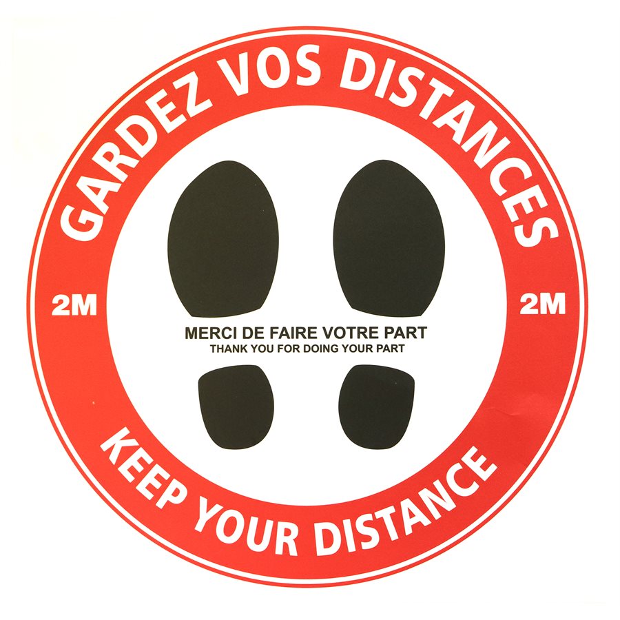 "DISTANCE" FLOOR SIGN - 14" ROUND, RED (BIL.)