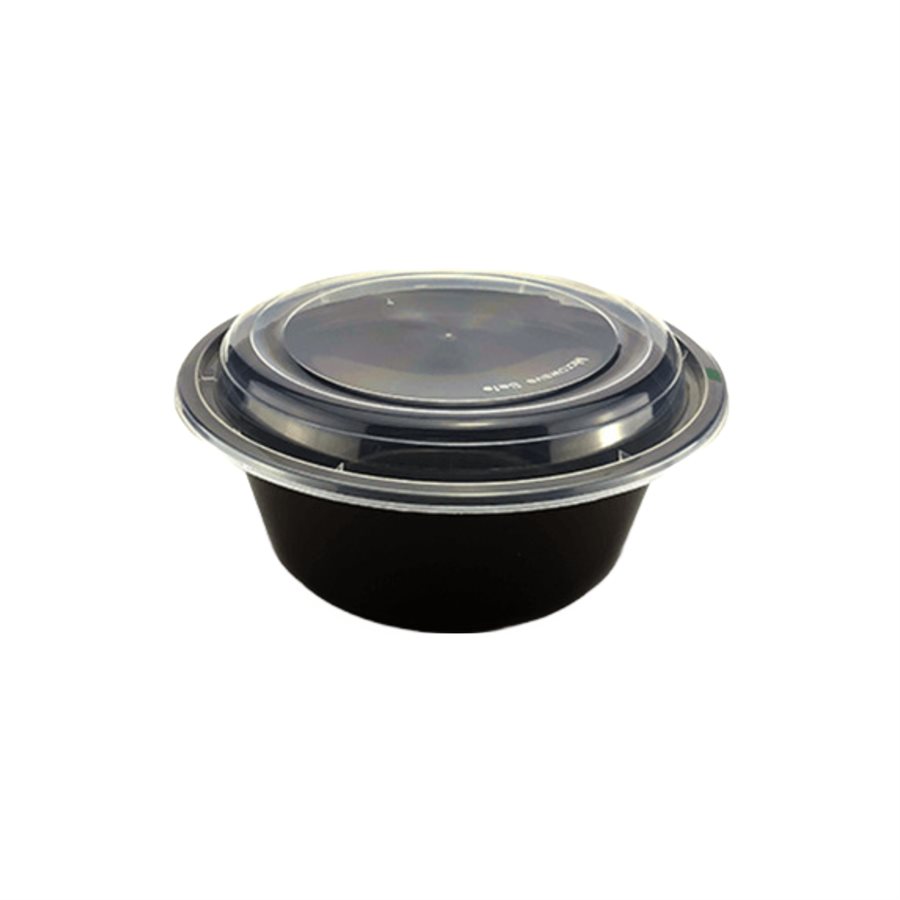 Microwaveable PP Black Round Food Container 48 oz. , With Clear Lid, (50/PK)